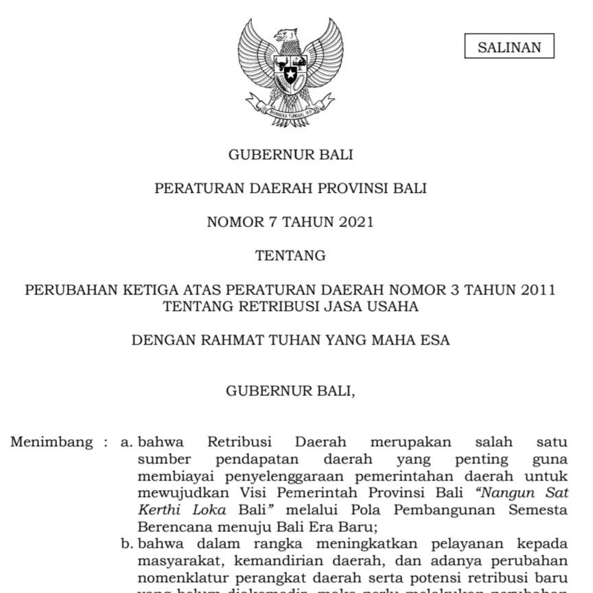 Retribusi Jasa Usaha UPTD. PPMHP Prov Bali Yang Sesuai Dengan Perda Prov Bali No.7 Tahun 2021